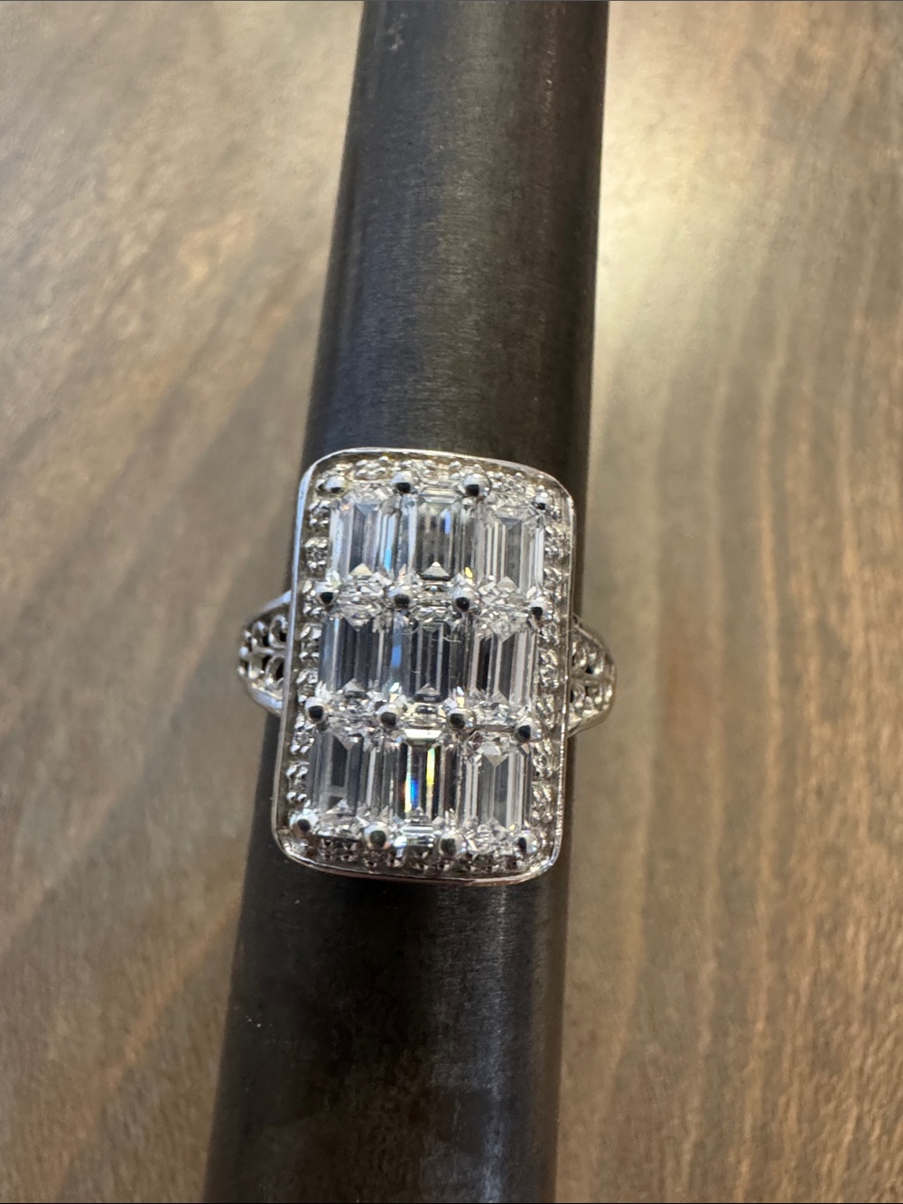 Sterling Silver Rectangular Halo Baguette Cocktail Ring size 7